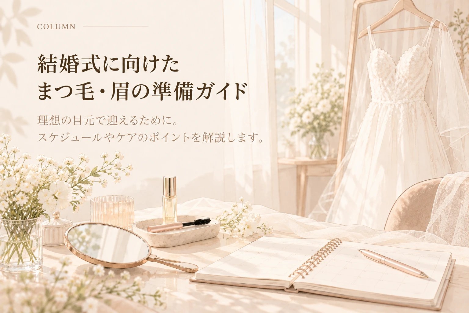 ウェディングドレスと準備中のメイクデスクを描いたイラスト