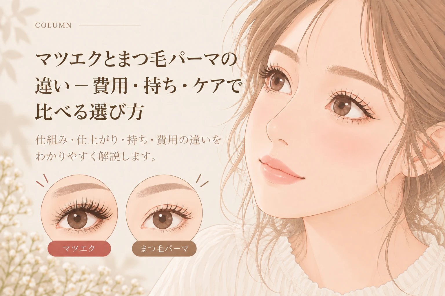 マツエクとまつ毛パーマの目元を見比べる女性のイラスト