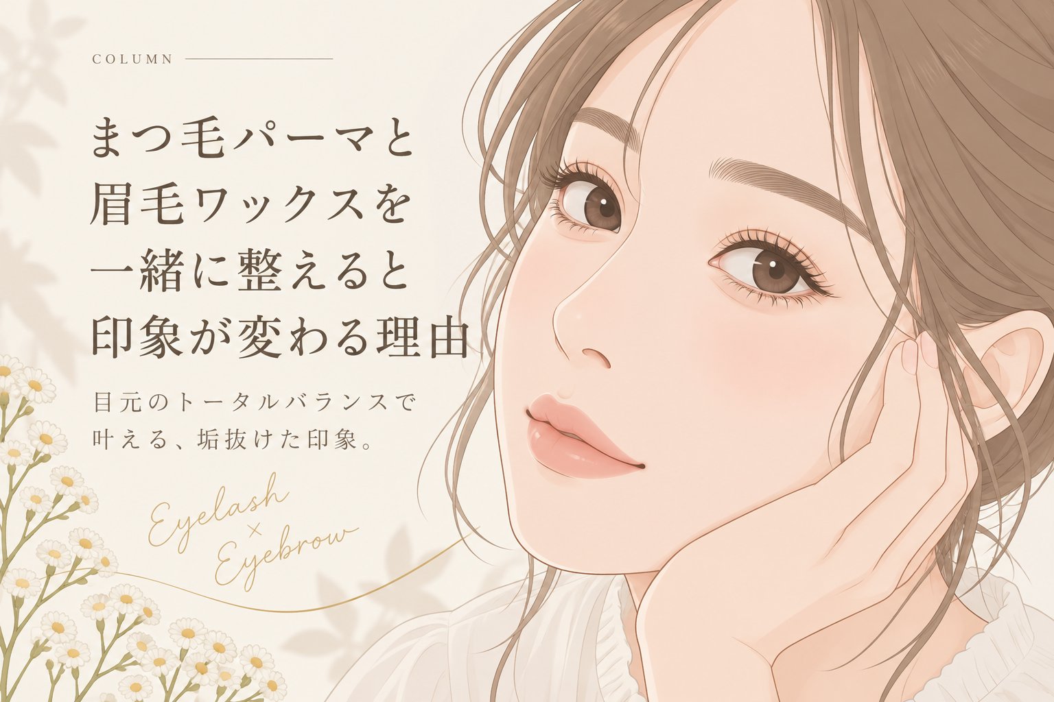 まつ毛パーマと眉毛ワックスを一緒に整えた女性のイラスト