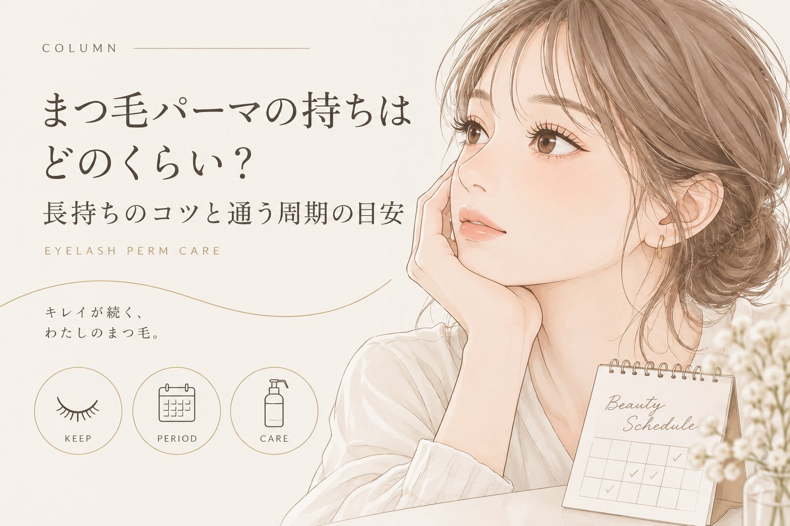 まつ毛パーマの持ちと通う周期を考える女性のイラスト